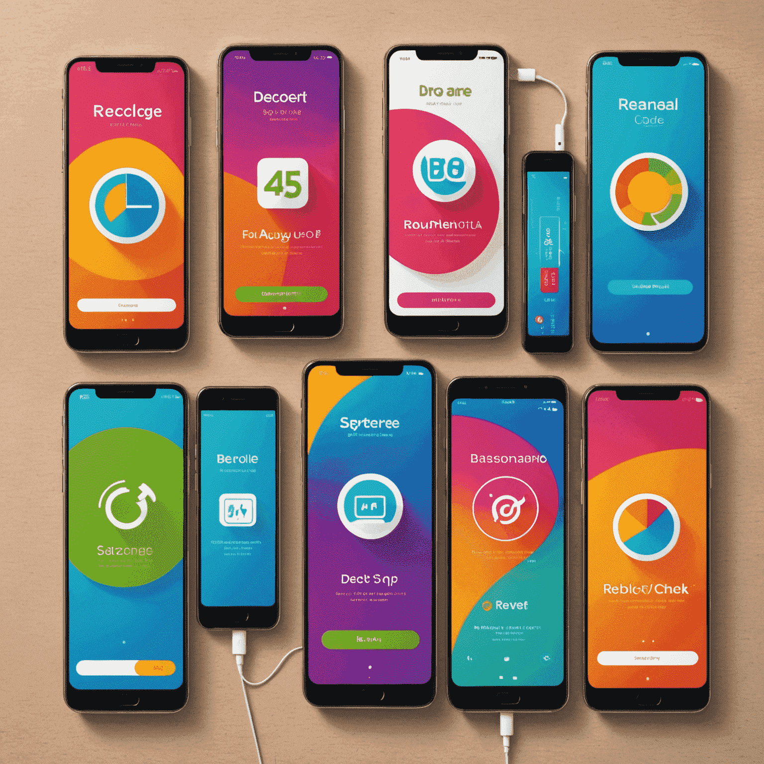 Various mobile phones displaying different recharge offers and promotions, with colorful graphics showing discounts and special deals