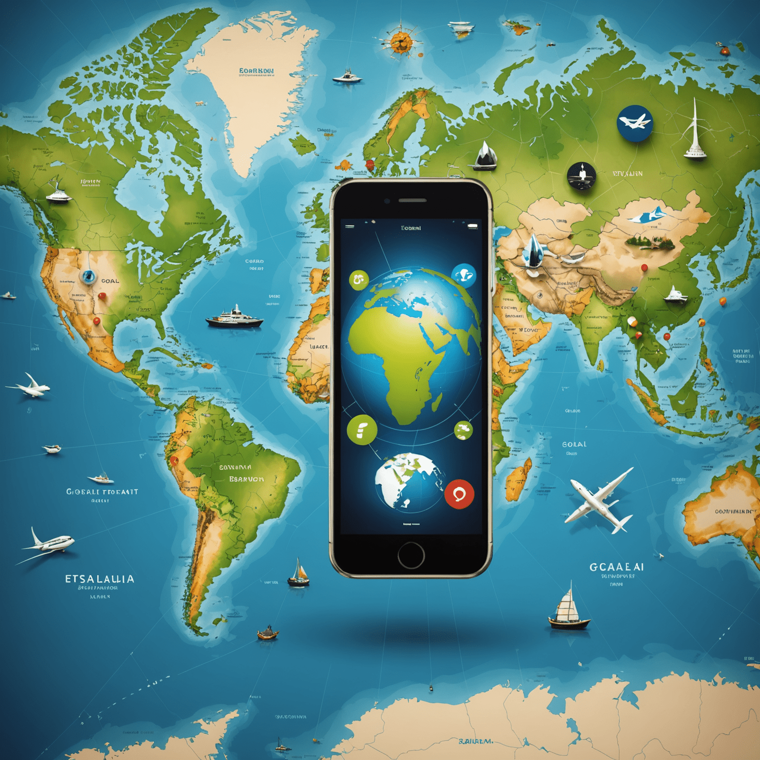 A world map highlighting popular travel destinations with mobile phone icons, representing Etisalat's global roaming coverage