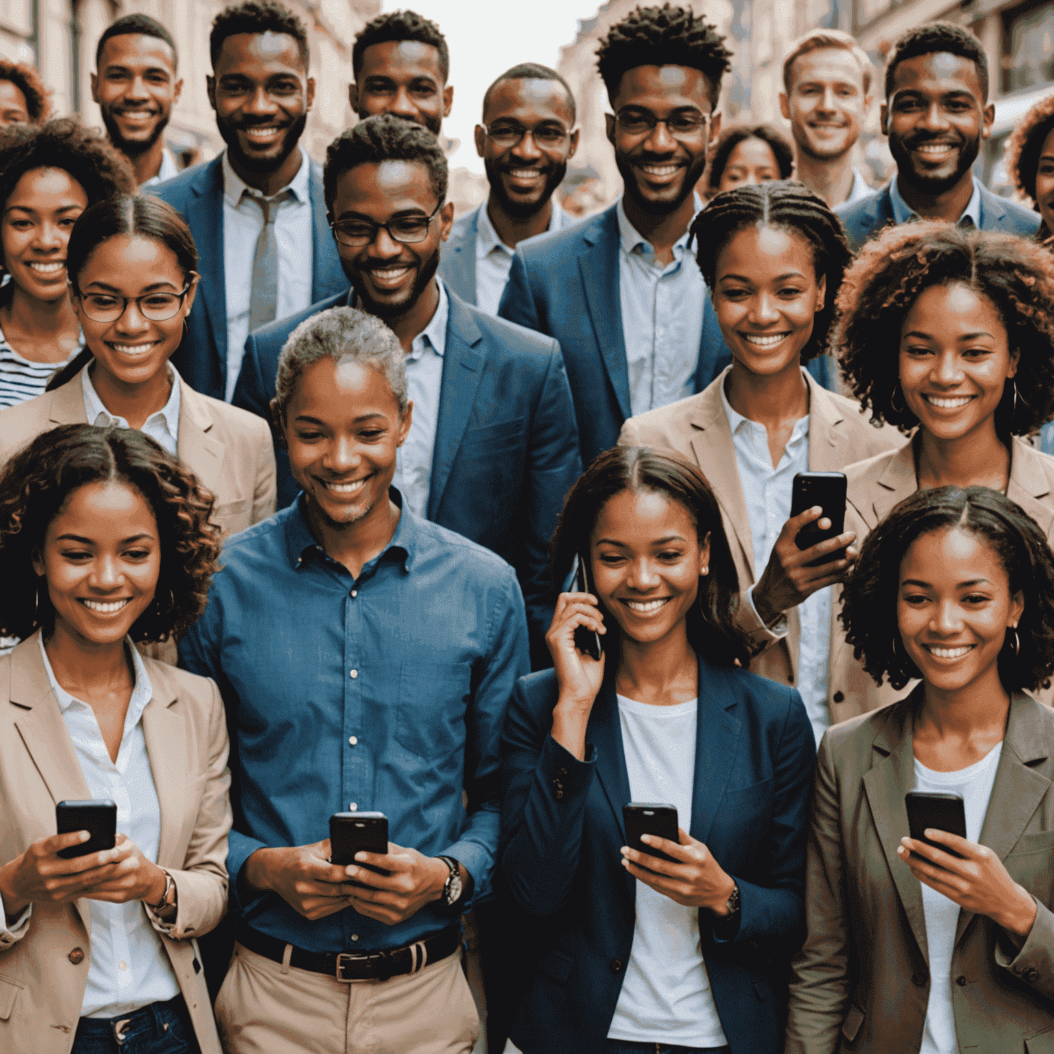 A diverse group of people using mobile phones to make international calls, symbolizing global connectivity