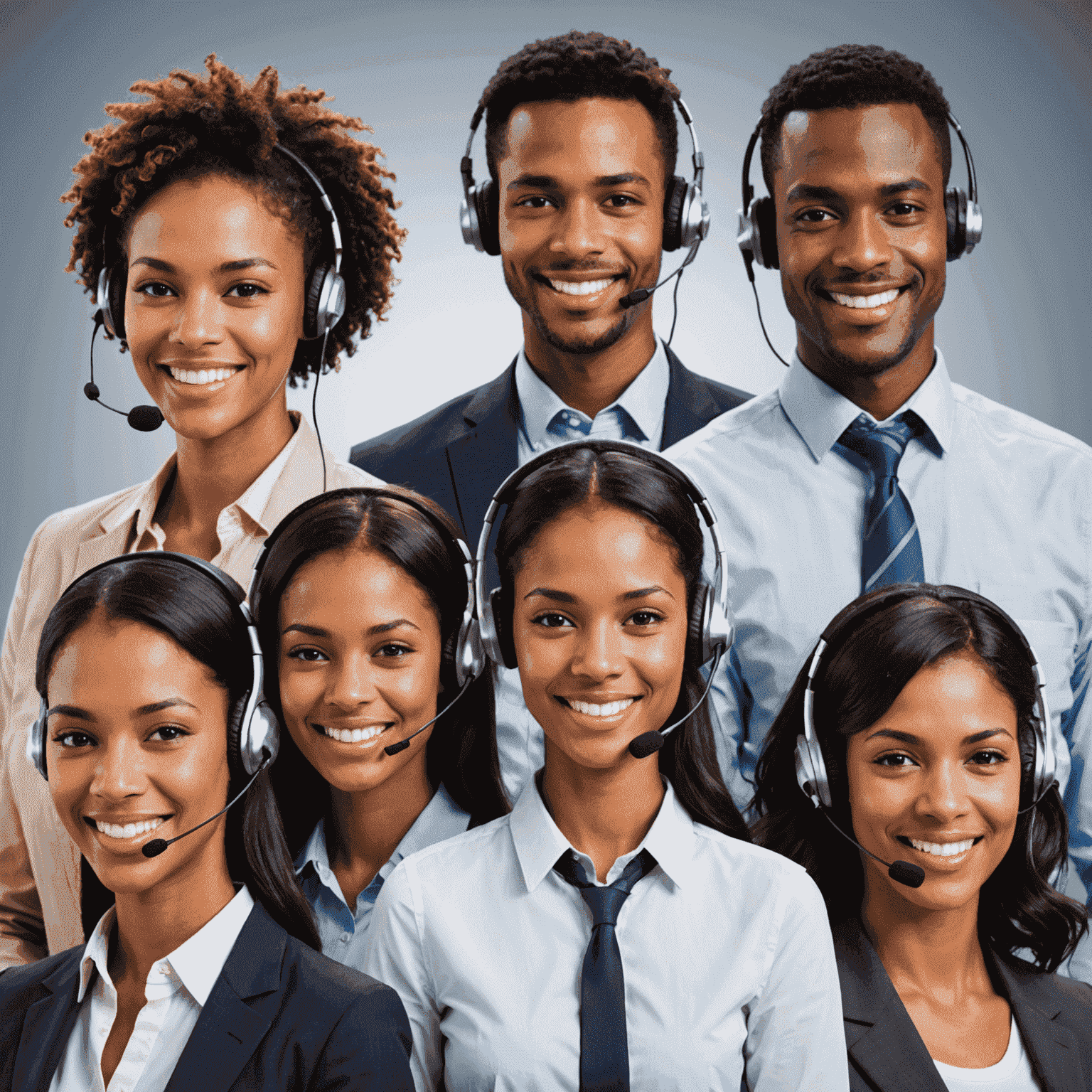 A diverse team of customer support representatives wearing headsets and smiling, ready to assist customers with mobile phone and SIM-related issues