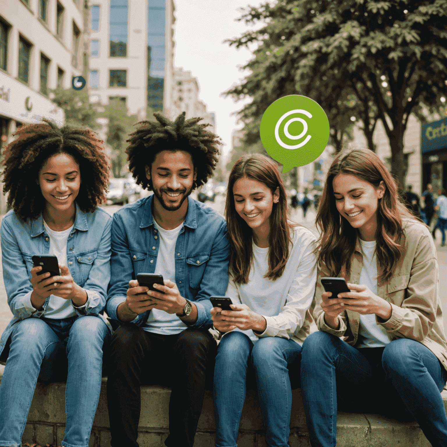 A group of friends using their smartphones outdoors, with Etisalat's logo and data symbols floating around them.