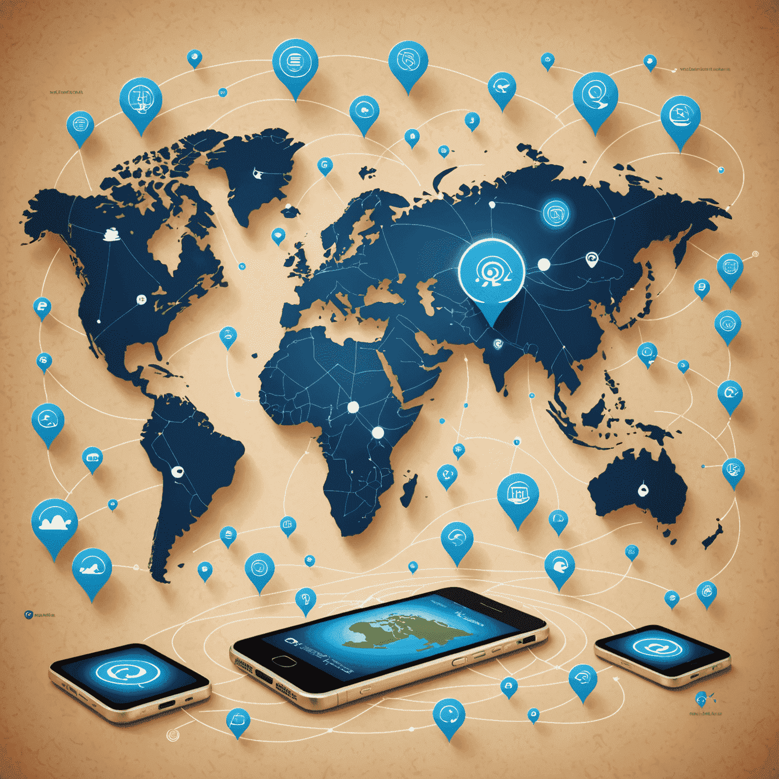 World map with mobile phone icons and signal waves, illustrating global connectivity and roaming services