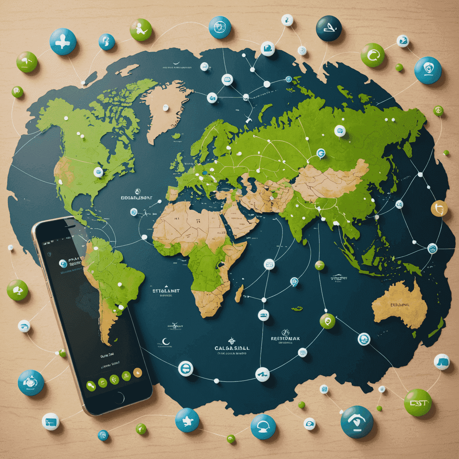 A world map with phone icons connecting different countries, highlighting Etisalat's global reach.