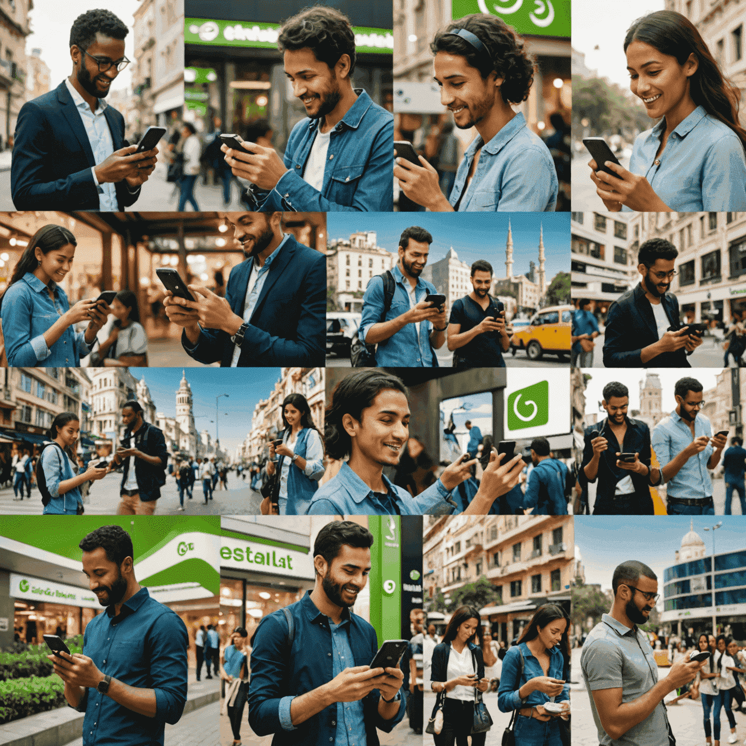 A collage of people using their phones in various international locations, showcasing the global reach of Etisalat's roaming services